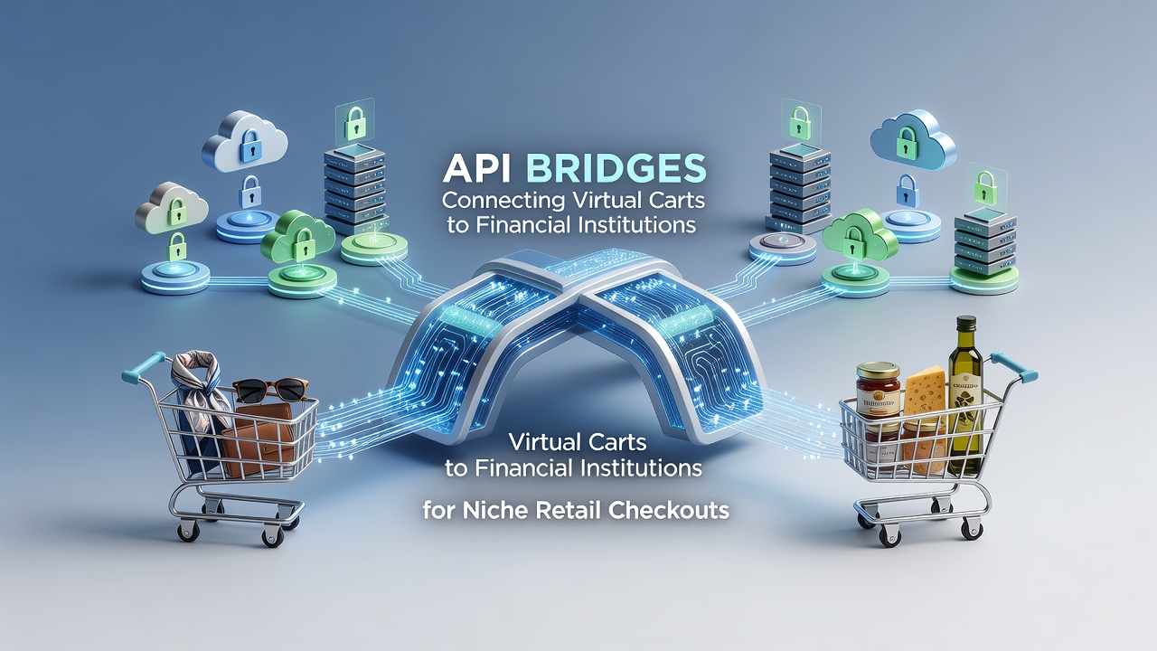 API integration diagram showing virtual cart connected to financial institution systems for niche retail checkouts