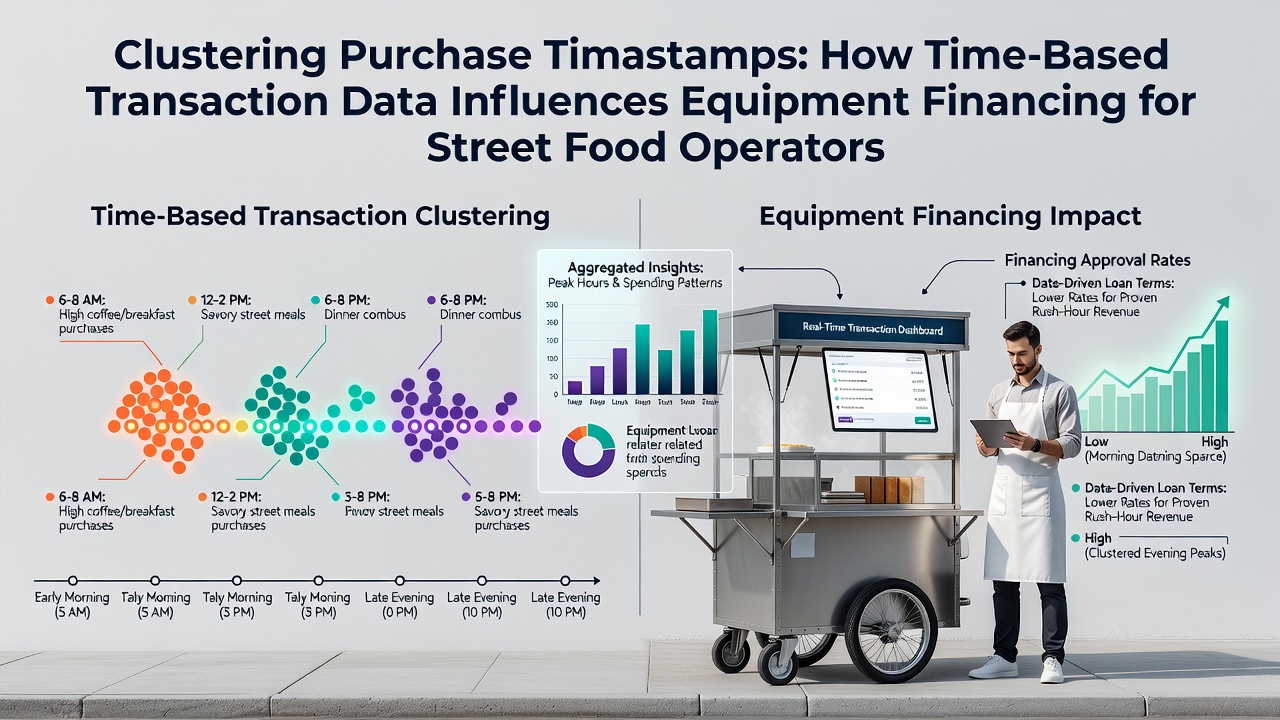 Street food vendor analyzing transaction timestamp clusters on a tablet during evening rush