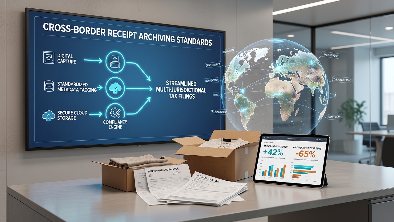 Digital archiving systems organizing receipt records for international tax compliance in boutique retail operations