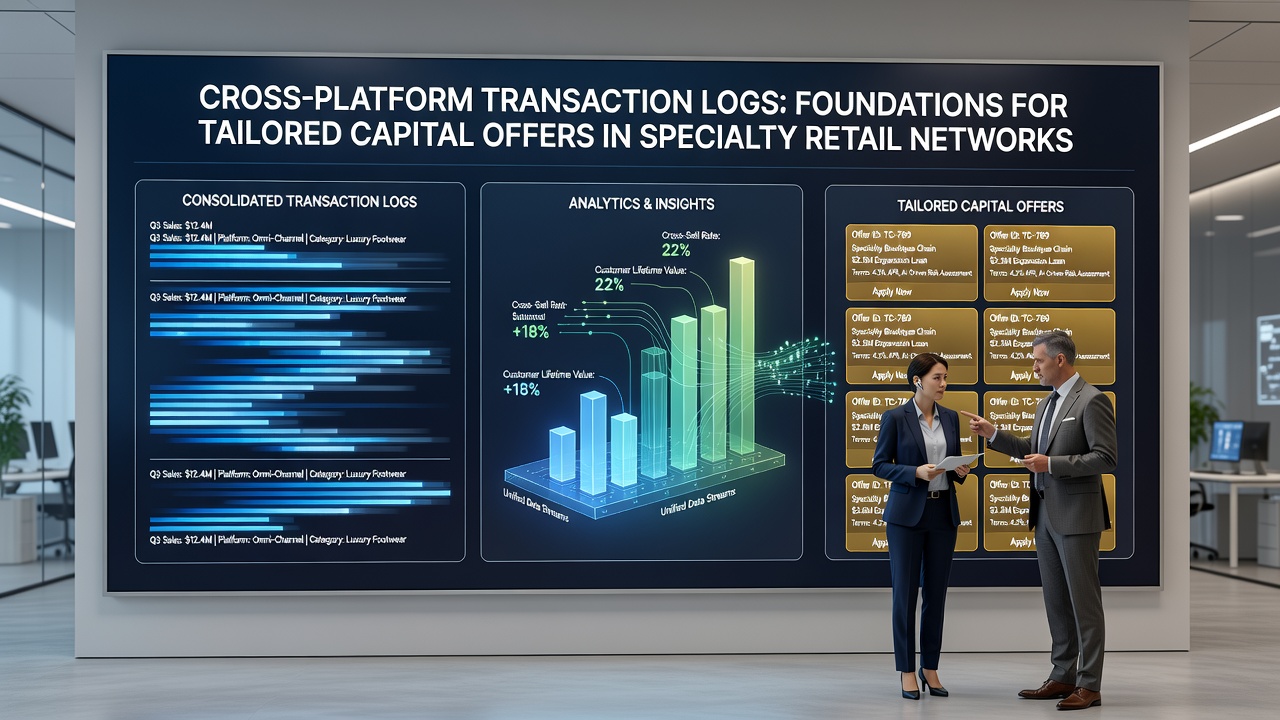Specialty retail network dashboard displaying cross-platform transaction analytics for capital planning