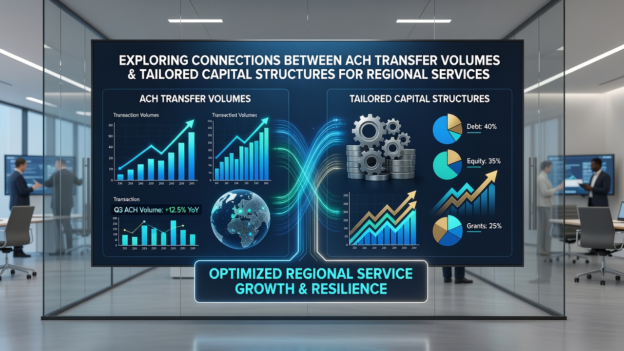 Financial analysts examining ACH volume charts and capital structure models on multiple screens during a strategy session