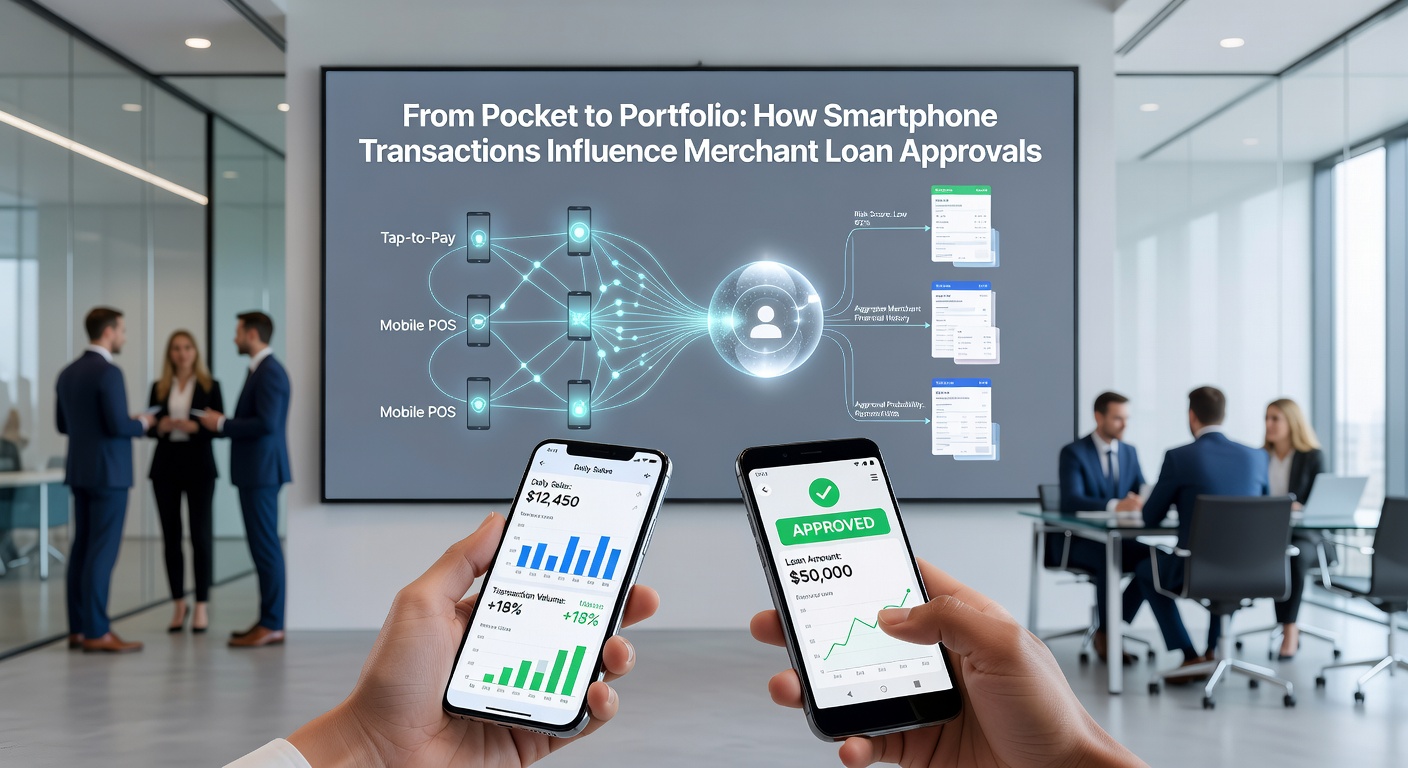 Smartphone displaying mobile payment transaction data used in merchant financing decisions
