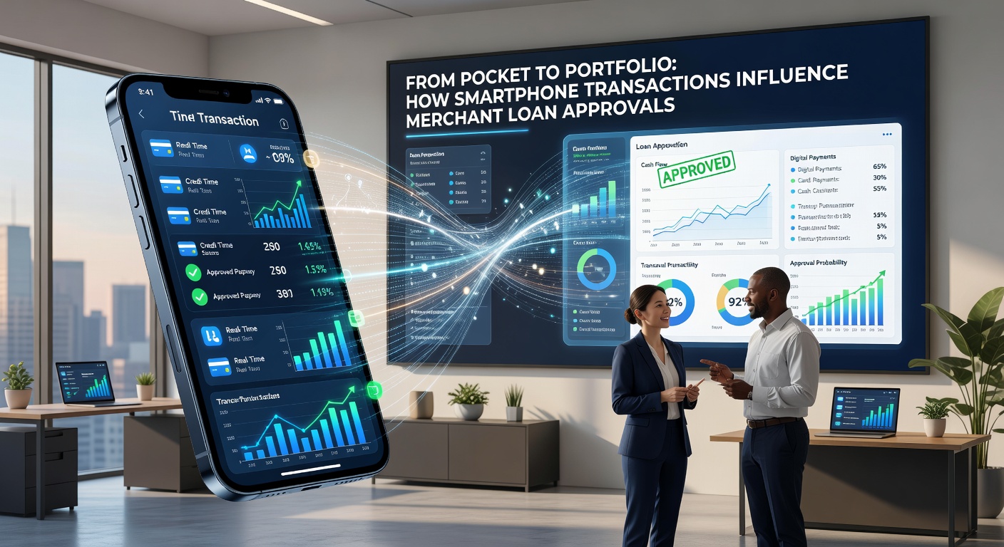 Dashboard showing real-time smartphone transaction analytics feeding into merchant loan evaluation