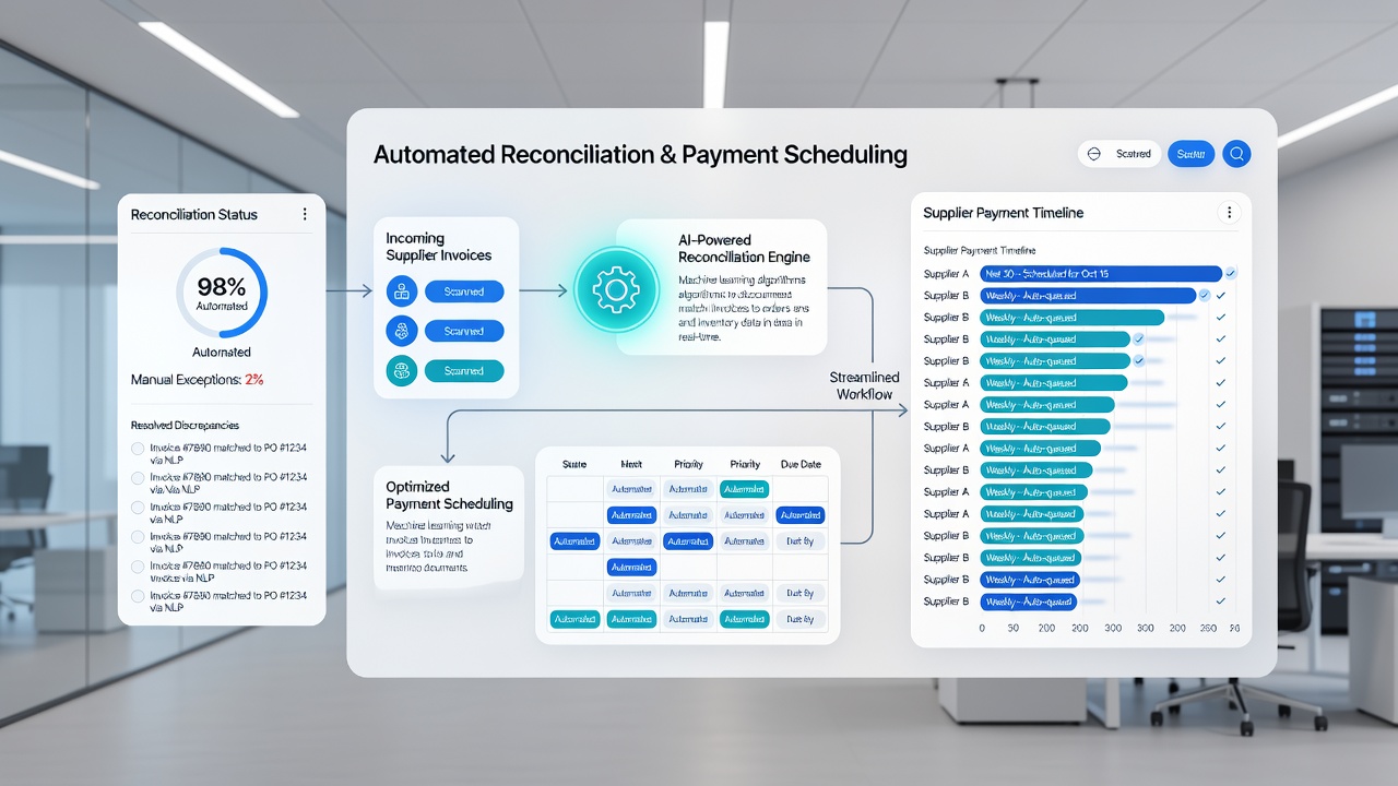 Multi-site distributor dashboard showing synchronized supplier payment calendar and reconciliation status