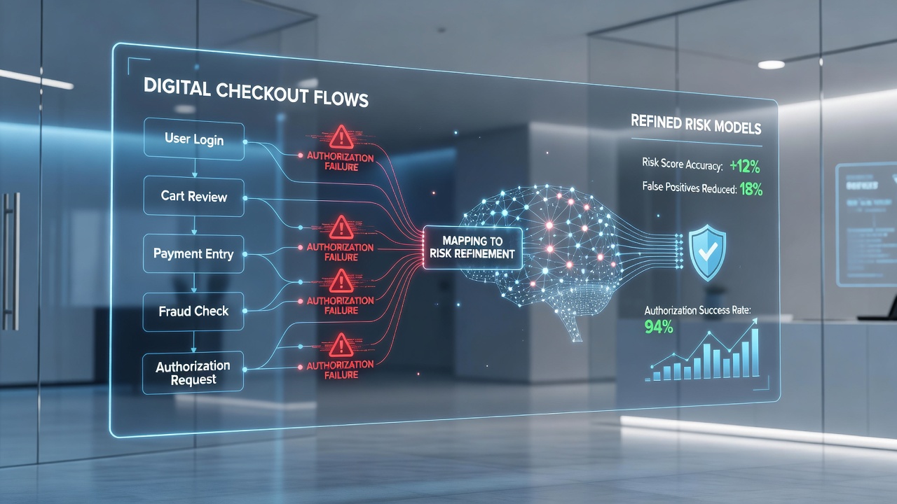 Risk model dashboard displaying authorization failure heatmaps linked to merchant financing metrics