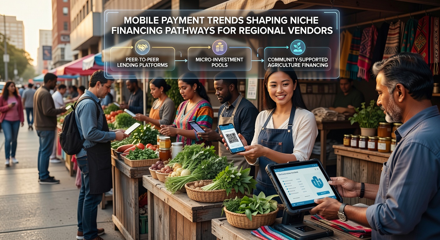 Regional vendors using mobile payment devices at outdoor markets with digital transaction interfaces displayed on handheld terminals