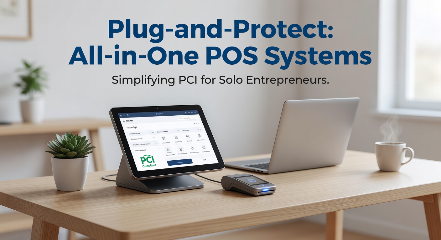 Close-up of an all-in-one POS system displaying a secure transaction on screen, highlighting encrypted payment flow and compliance icons
