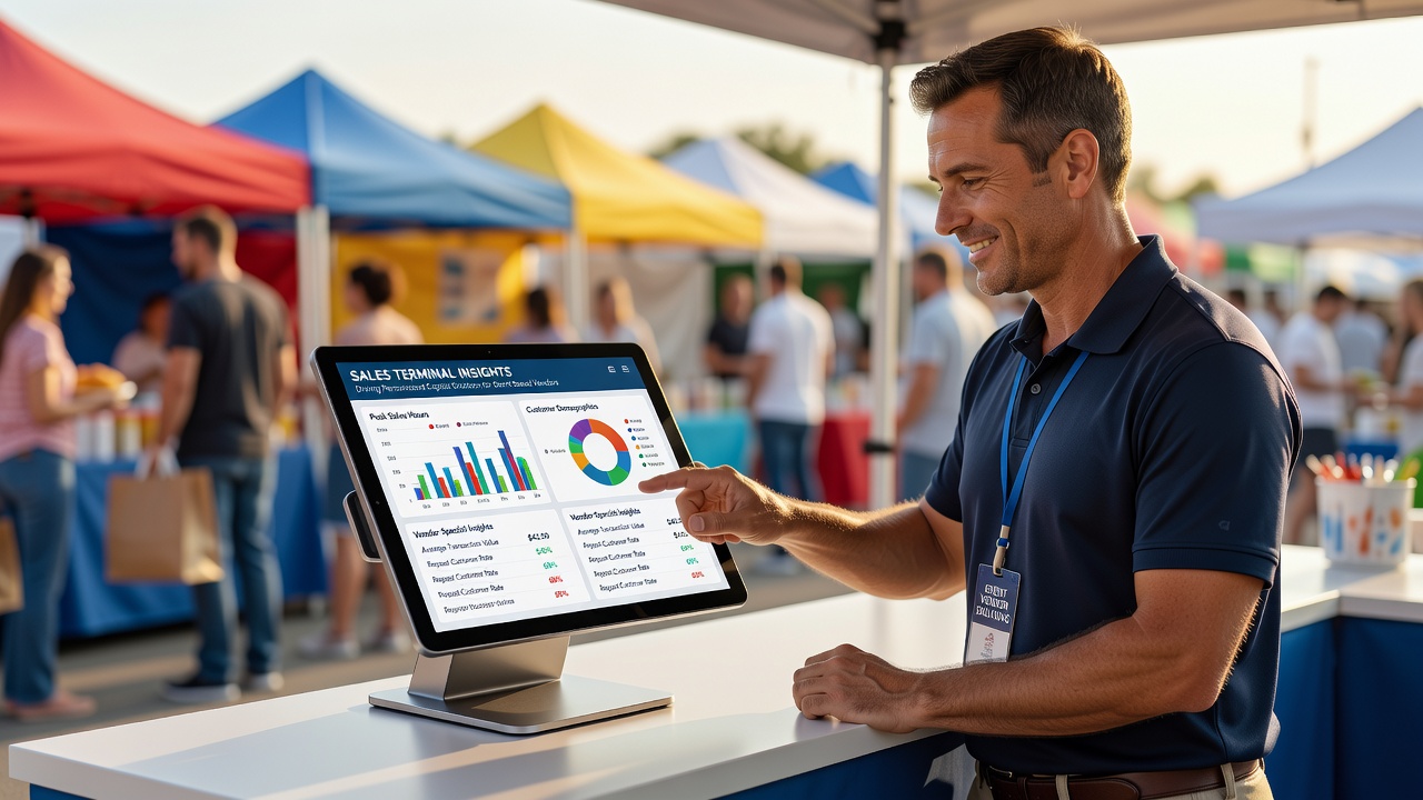 Data analytics dashboard displaying sales terminal insights for event vendor financing decisions