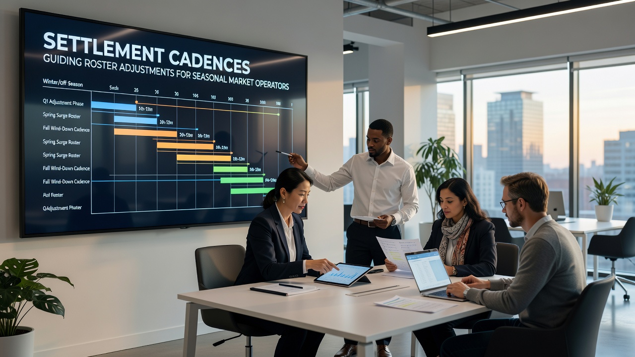 Market manager analyzing digital settlement dashboards while coordinating with seasonal vendors