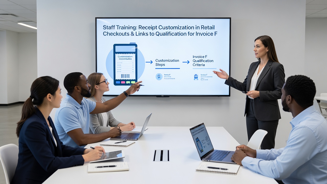 Training session where retail employees review receipt customization options on a shared terminal screen
