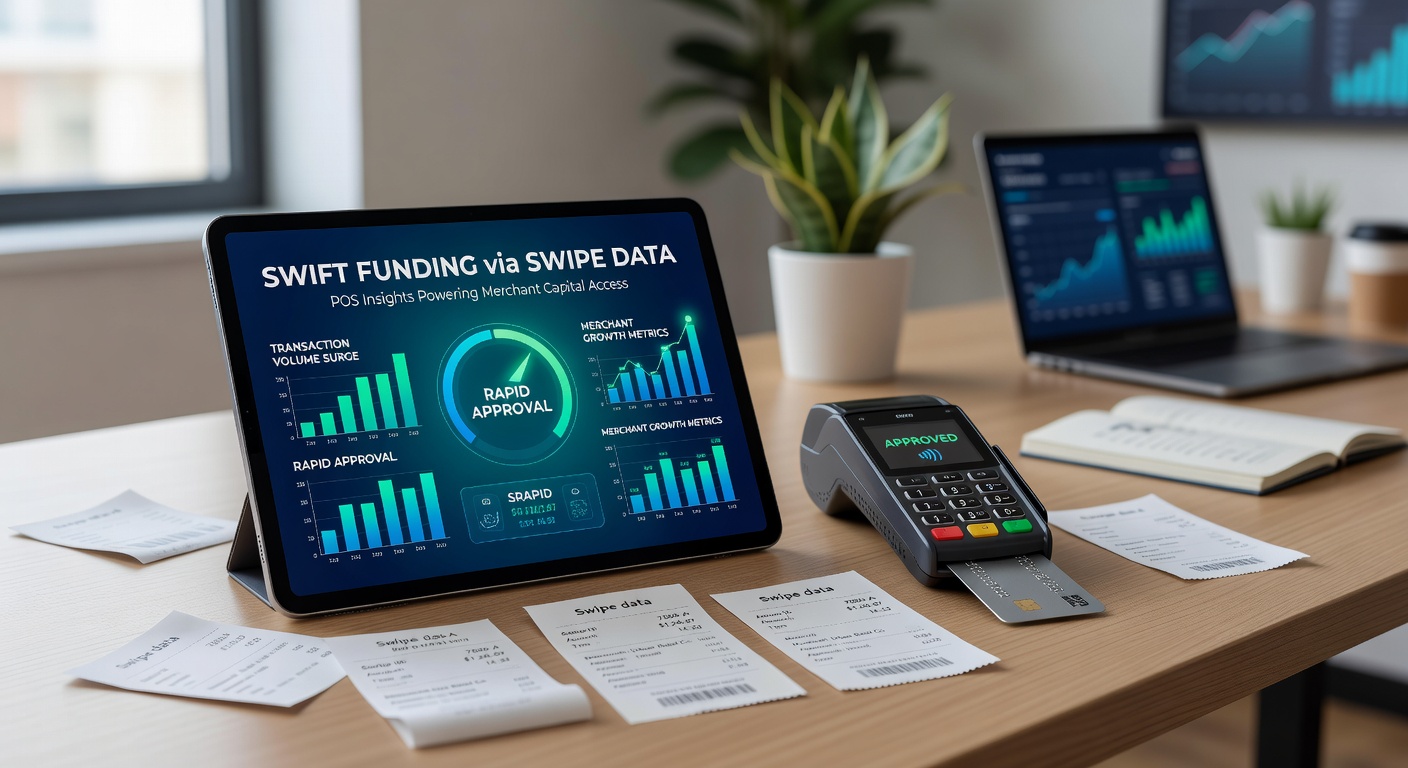 Digital dashboard displaying real-time POS transaction data streams feeding into funding algorithms for merchants