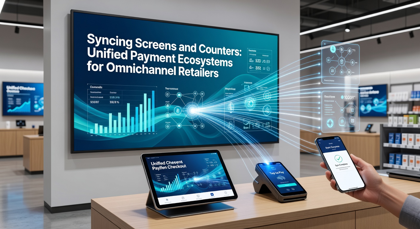 A digital dashboard showing synchronized payment data across online and in-store retail channels, with real-time transaction flows and inventory updates