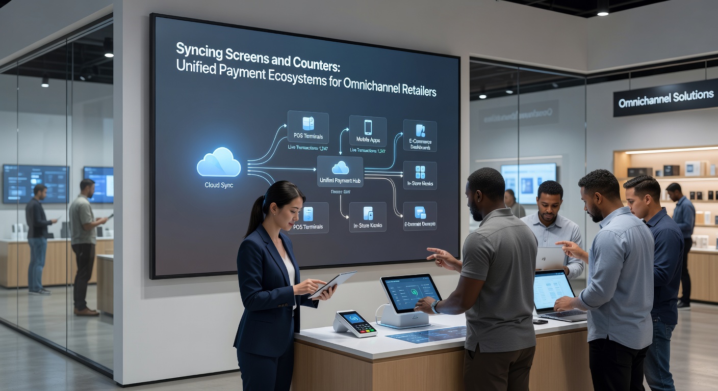 Illustration of a retail ecosystem with interconnected screens, counters, and mobile devices displaying unified payment interfaces and synchronized data streams