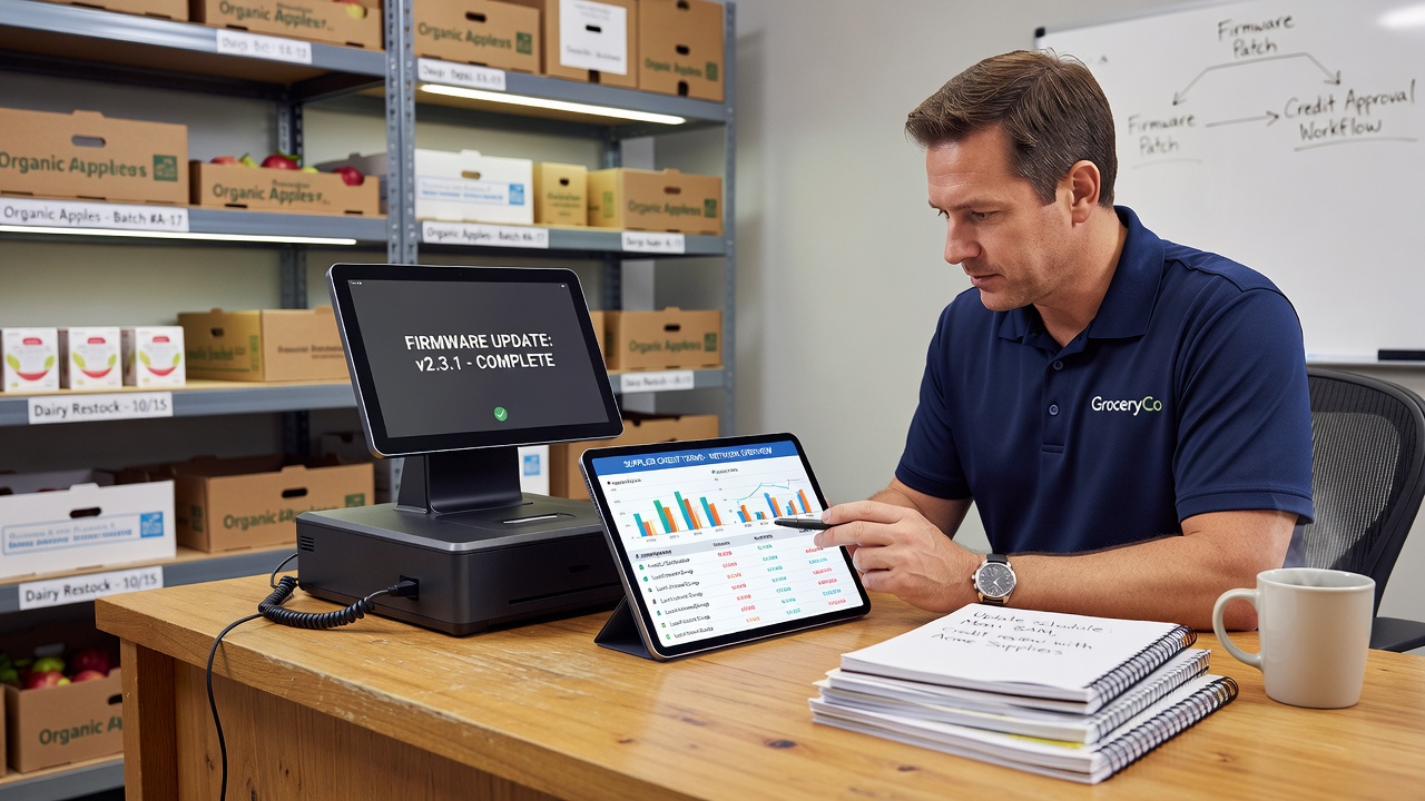 Independent grocery store staff reviewing terminal firmware update logs on a POS system