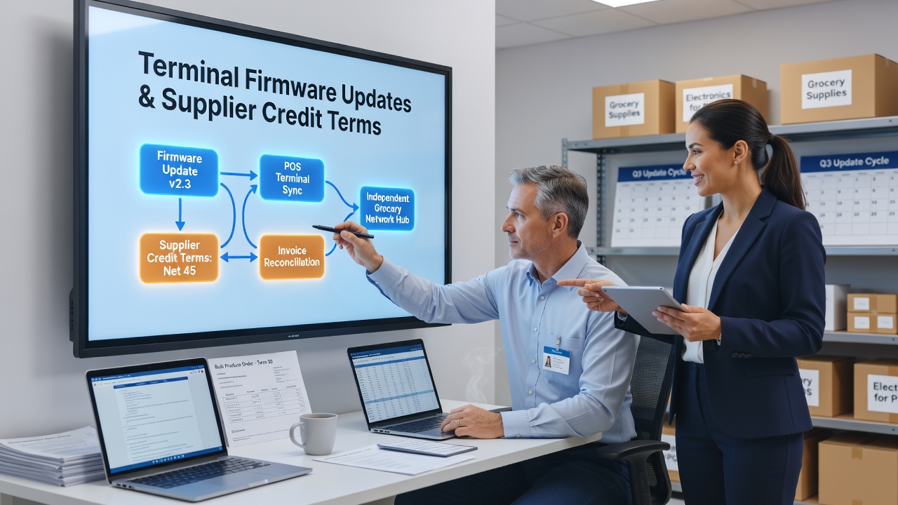 Grocery network manager discussing firmware compliance reports with a supplier representative