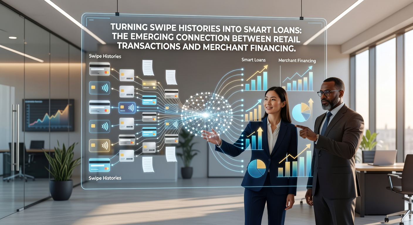 Diagram showing swipe transaction data flowing into smart loan approval processes for retailers